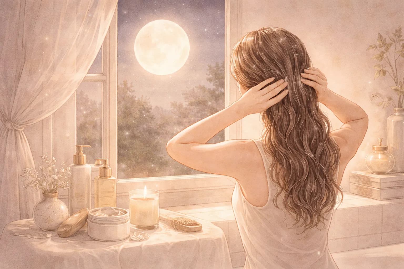 満月の夜にヘアトリートメントをする女性のイラスト