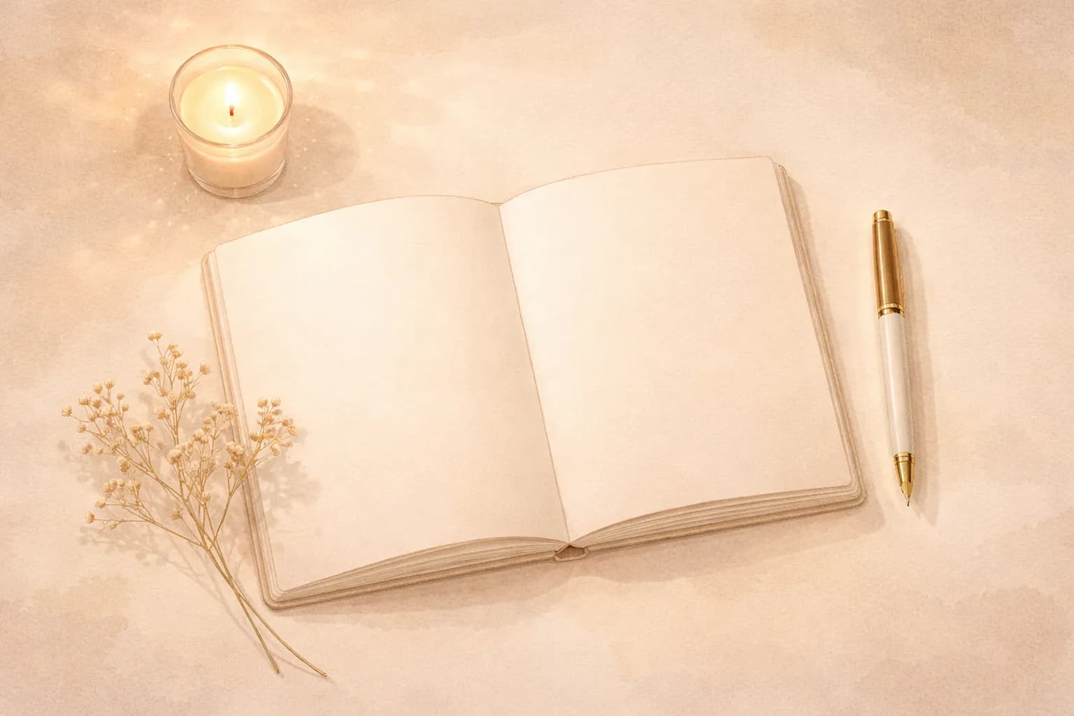 ペンとノート、キャンドルが置かれた静かなデスク