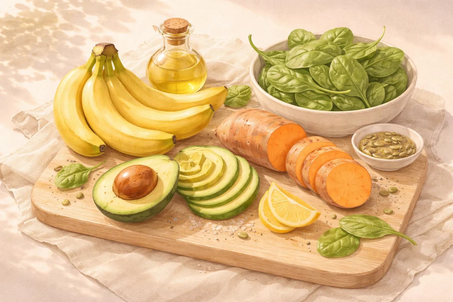 カリウムが豊富な食材(バナナ、アボカド、ほうれん草)