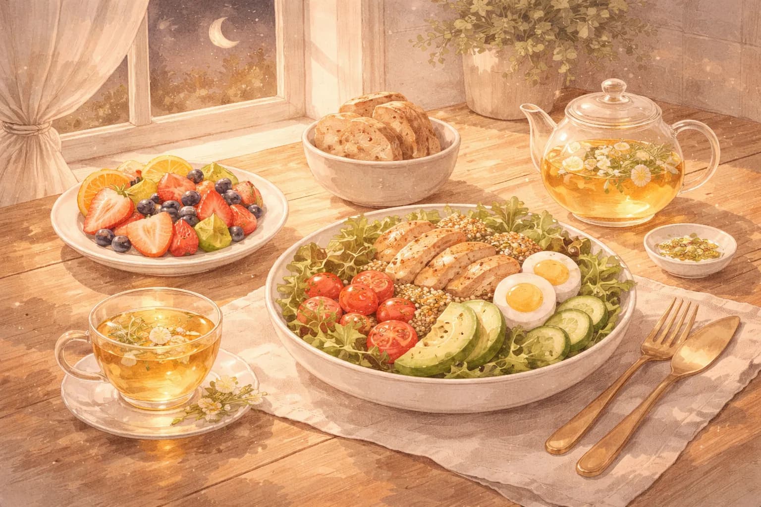 月明かりの下でヘルシーな食事をするイメージ